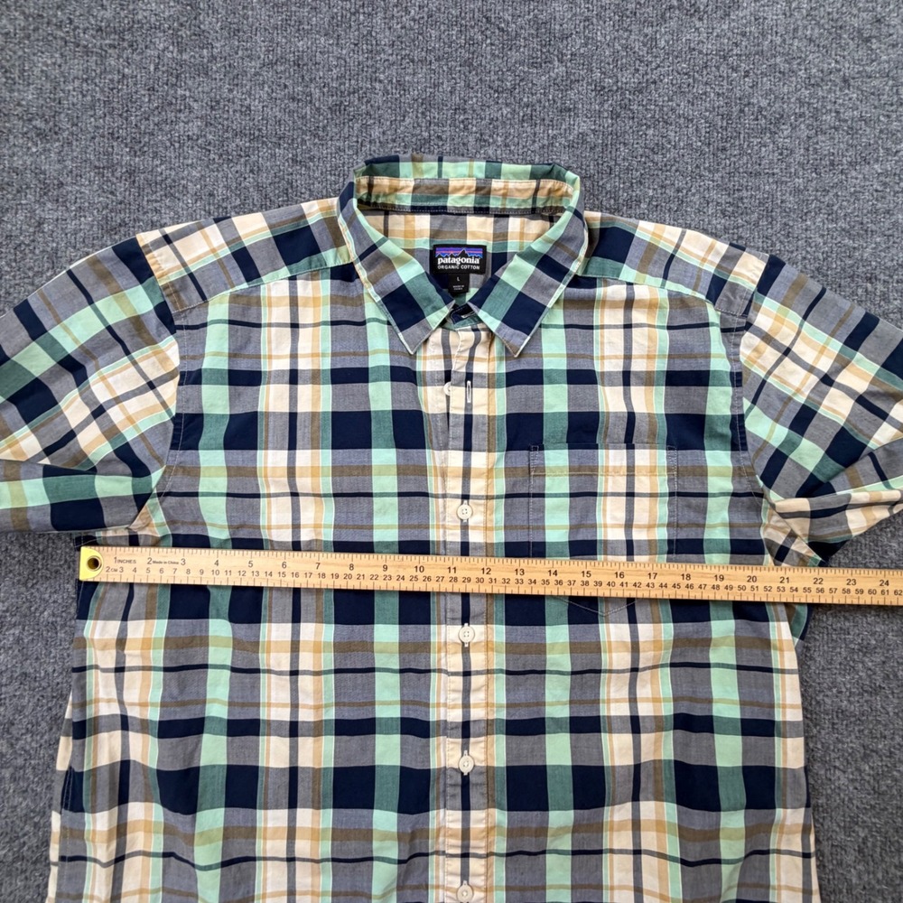 Patagonia Mens Large Plaid Button Front Shirt Green Blue Organic Cotton - Picture 6 of 9